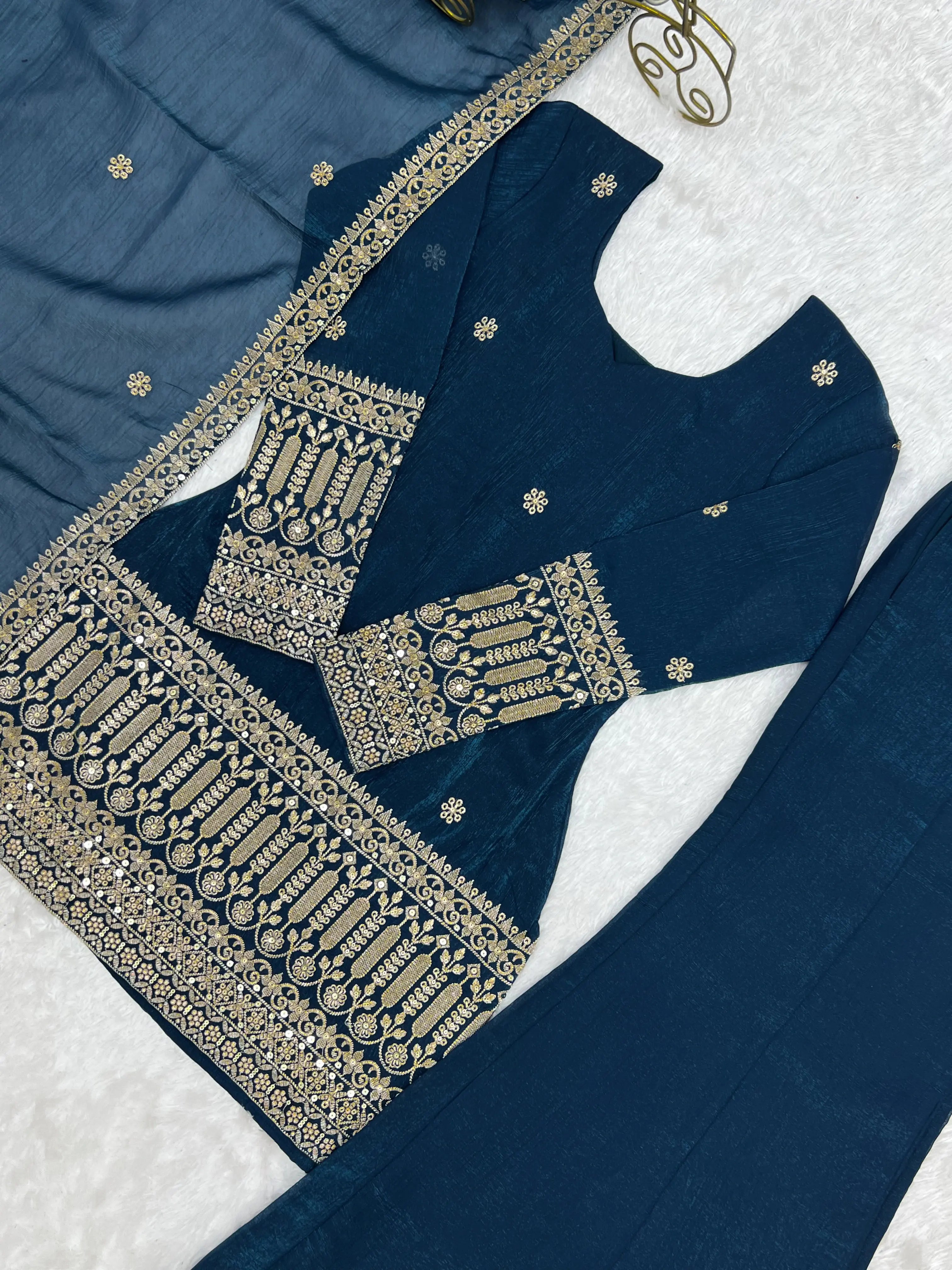 V-Neck and Zari Hem Border Close Up on Teal Blue Crunchy Silk Suit
