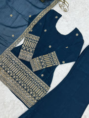 V-Neck and Zari Hem Border Close Up on Teal Blue Crunchy Silk Suit