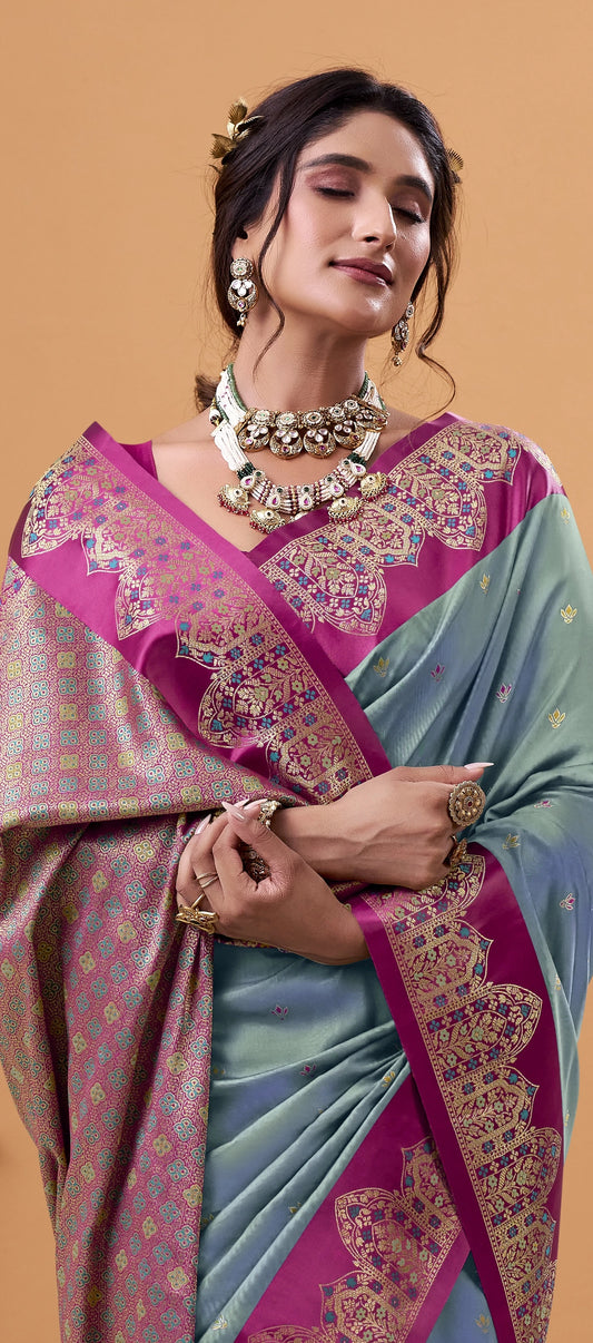 Woman wearing a traditional saree with intricate patterns on a beige background