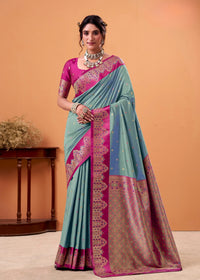 Teal Blue Floral Print Linen Silk Saree