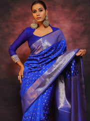 Woman wearing a blue saree with silver patterns against a dark background