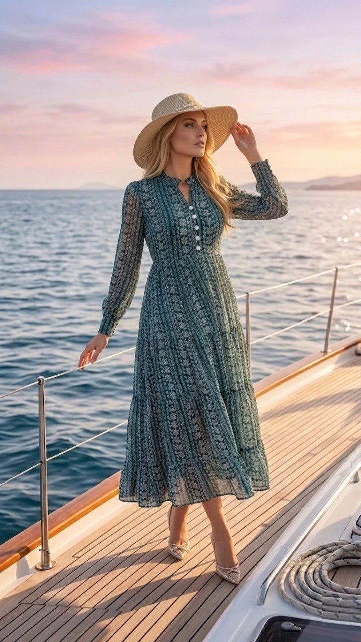Woman in a green dress and sun hat on a boat at sunset