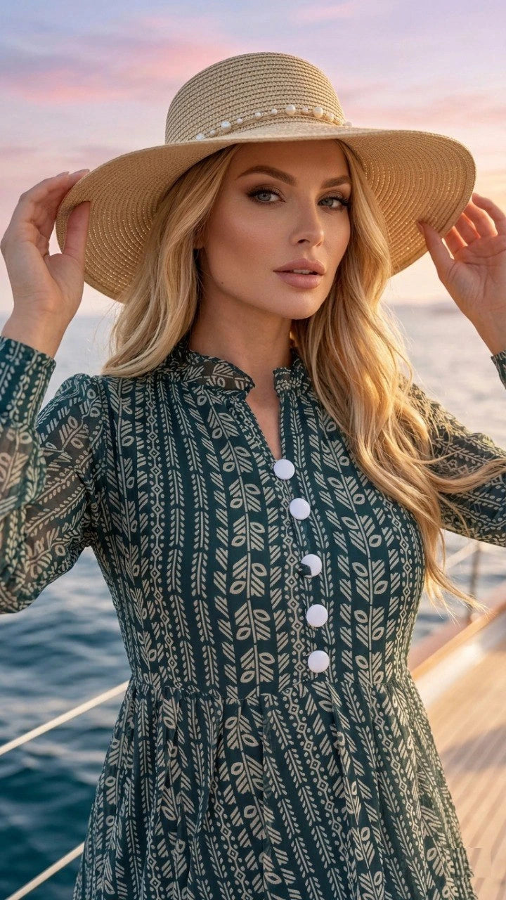 Woman wearing a patterned dress and wide-brimmed hat on a boat with water and sky in the background