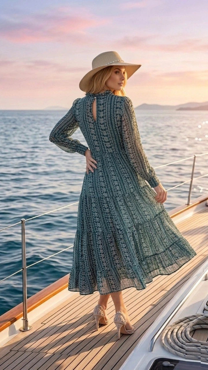Woman in a long, patterned dress standing on a boat with a scenic background