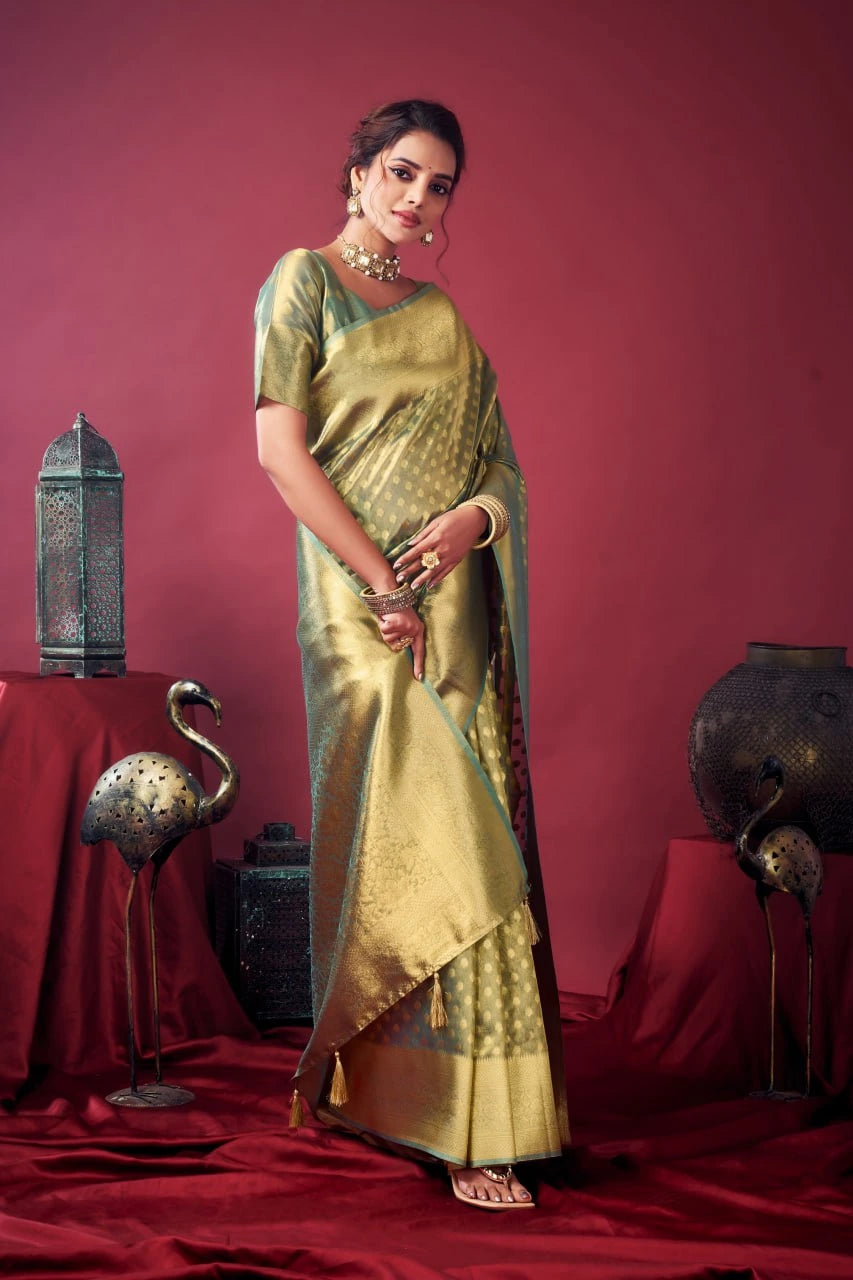 Woman in a green saree standing against a red background with decorative elements.