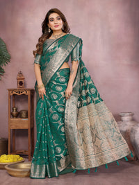 Teal Green Soft Organza Banarasi Silk Saree