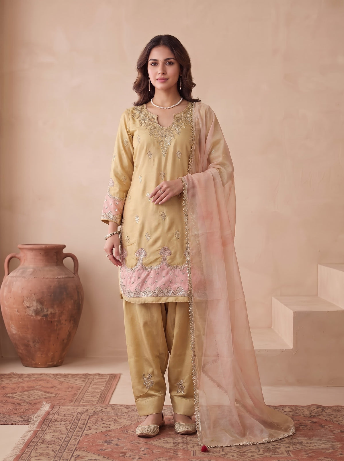 Beige Japan Satin Silk Suit