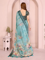 Back view of Tropical Green Floral Print Saree in Linen Cotton showing blouse back and pallu drape