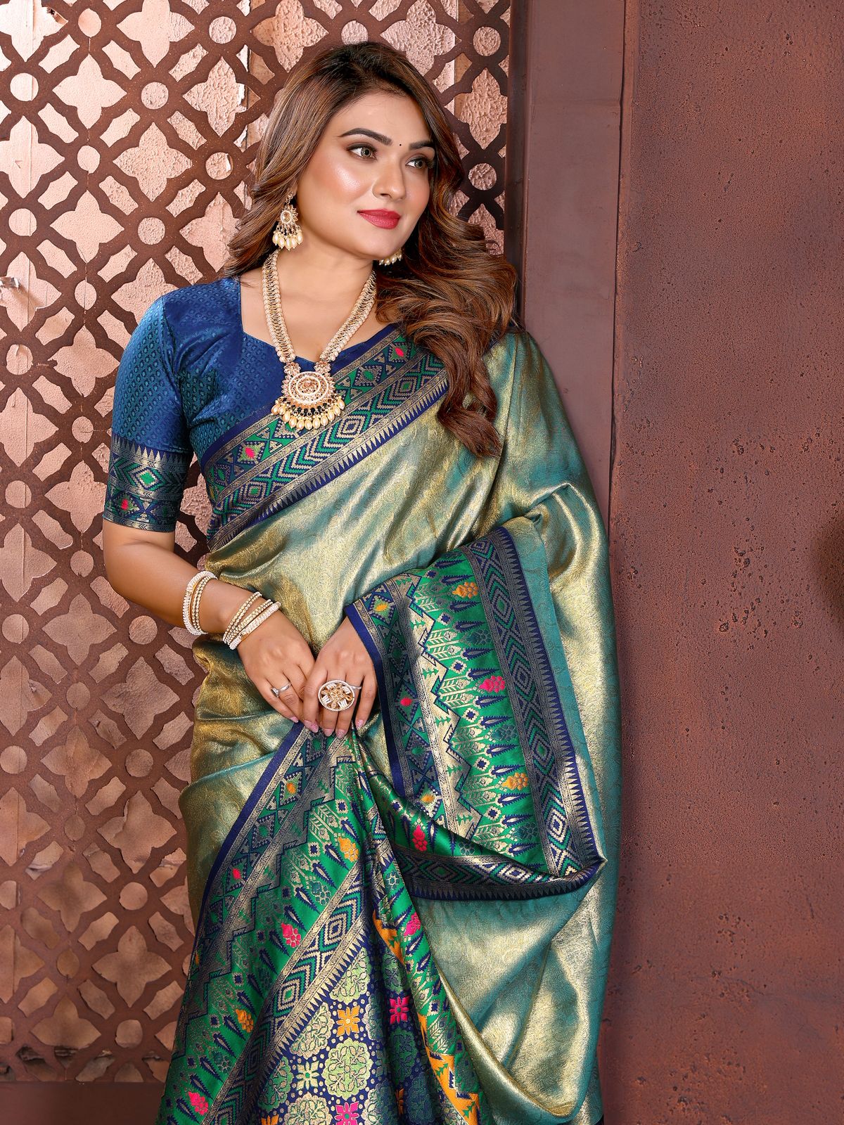 Woman wearing a traditional saree with intricate patterns against a decorative wall.