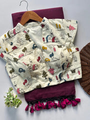 Children's outfit with patterned top and maroon skirt on a white background
