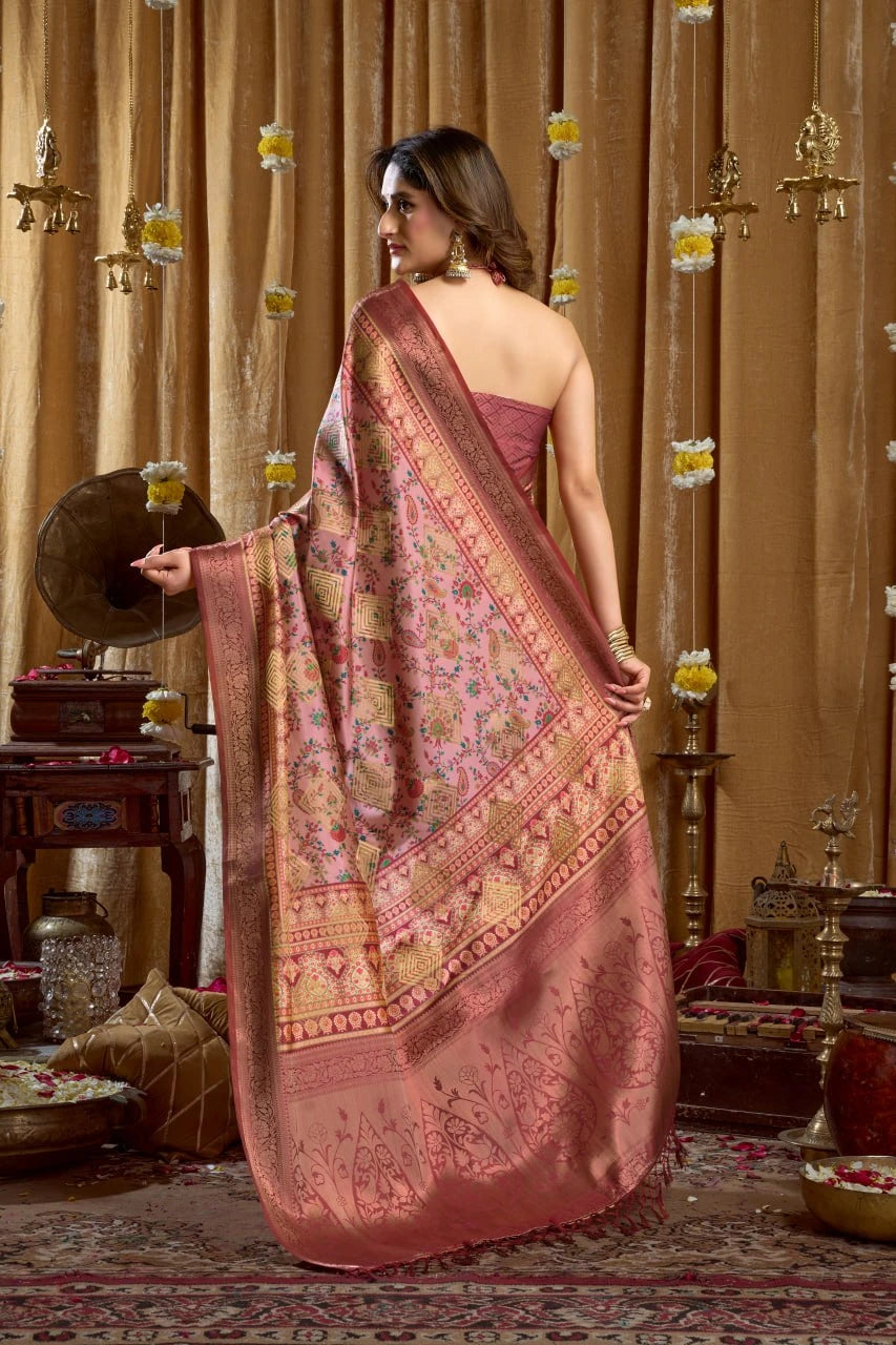 Woman in a traditional saree standing in a decorated room with ornate furniture and decor.