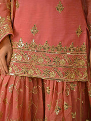 Coral pink traditional outfit with gold embroidery