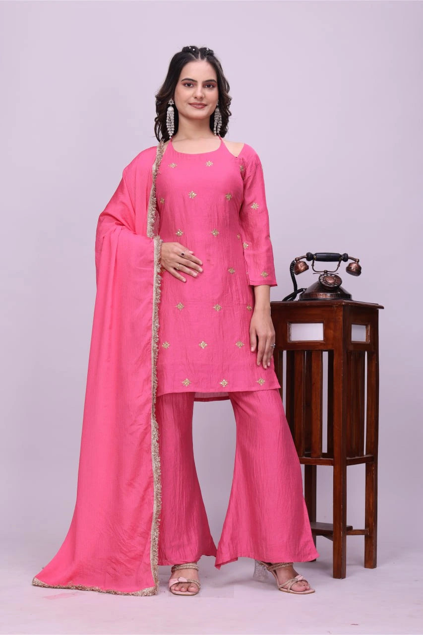 Tulip Pink Vichitra Silk Suit