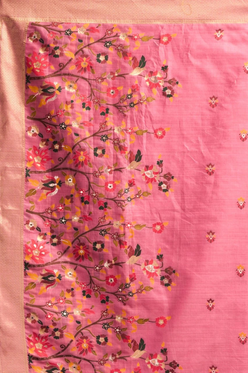 Pink fabric with floral and bird pattern