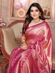 The pure silk fabric showcases intricate zari work that catches light beautifully, while the hand-woven Banarasi border adds authentic heritage appeal.