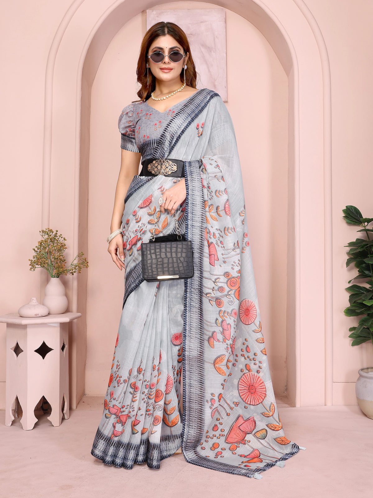 Light Gray Digital Floral Print Saree – Linen Cotton, Folk Print, Navy Border