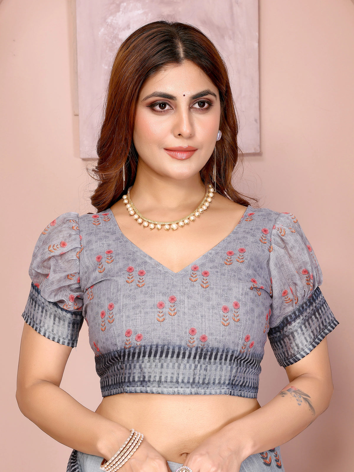 Light Gray Digital Floral Print Saree – Linen Cotton, Folk Print, Navy Border