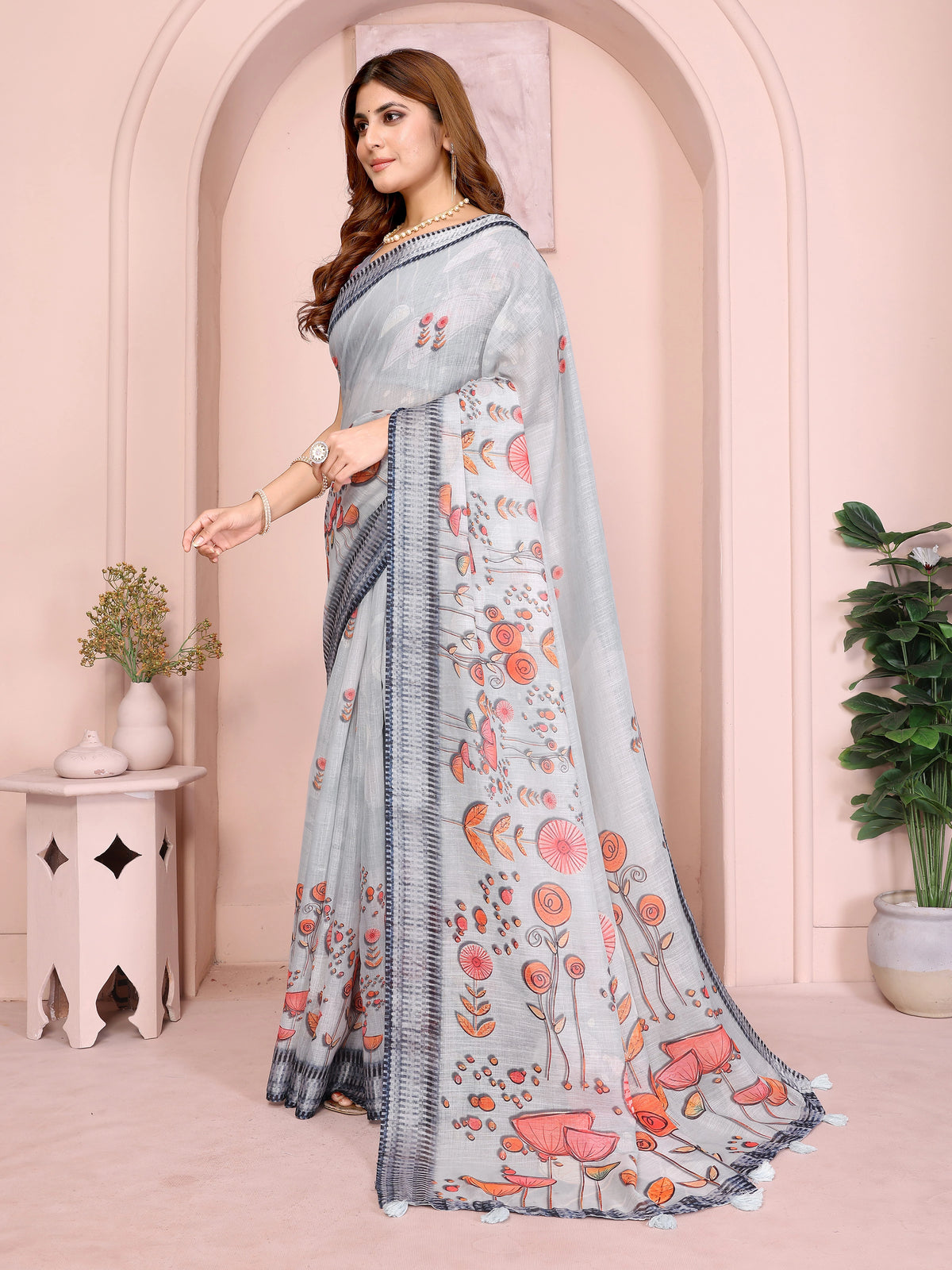 Light Gray Digital Floral Print Saree – Linen Cotton, Folk Print, Navy Border
