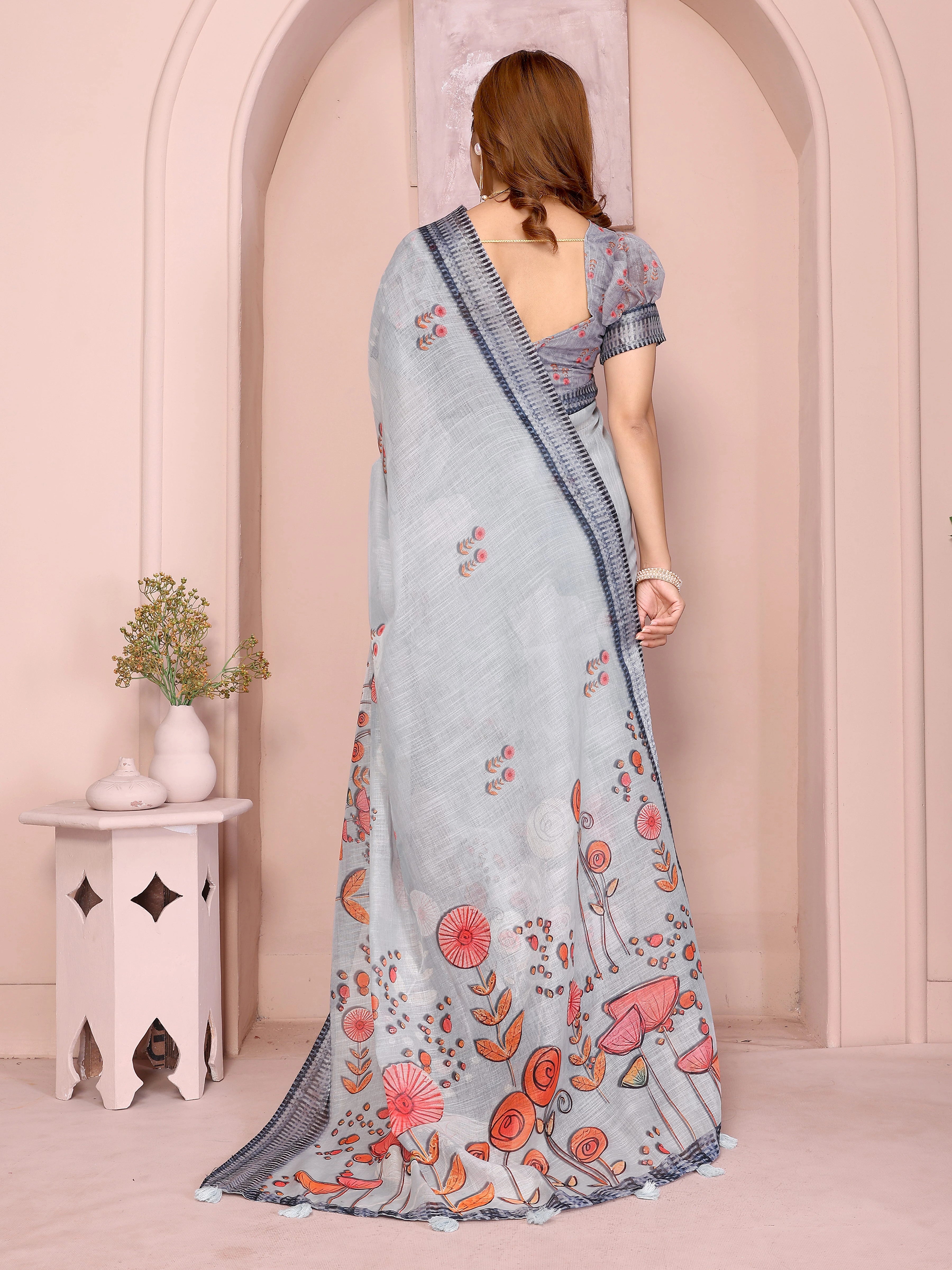 Light Gray Digital Floral Print Saree – Linen Cotton, Folk Print, Navy Border