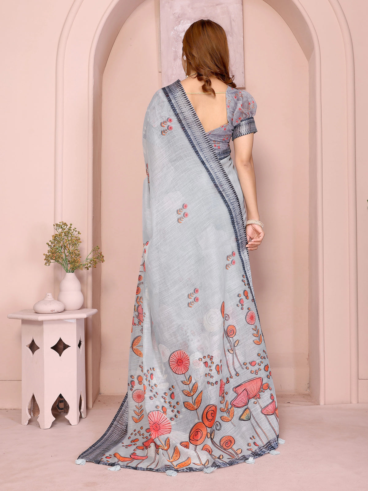 Light Gray Digital Floral Print Saree – Linen Cotton, Folk Print, Navy Border