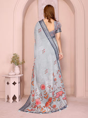 Light Gray Digital Floral Print Saree – Linen Cotton, Folk Print, Navy Border