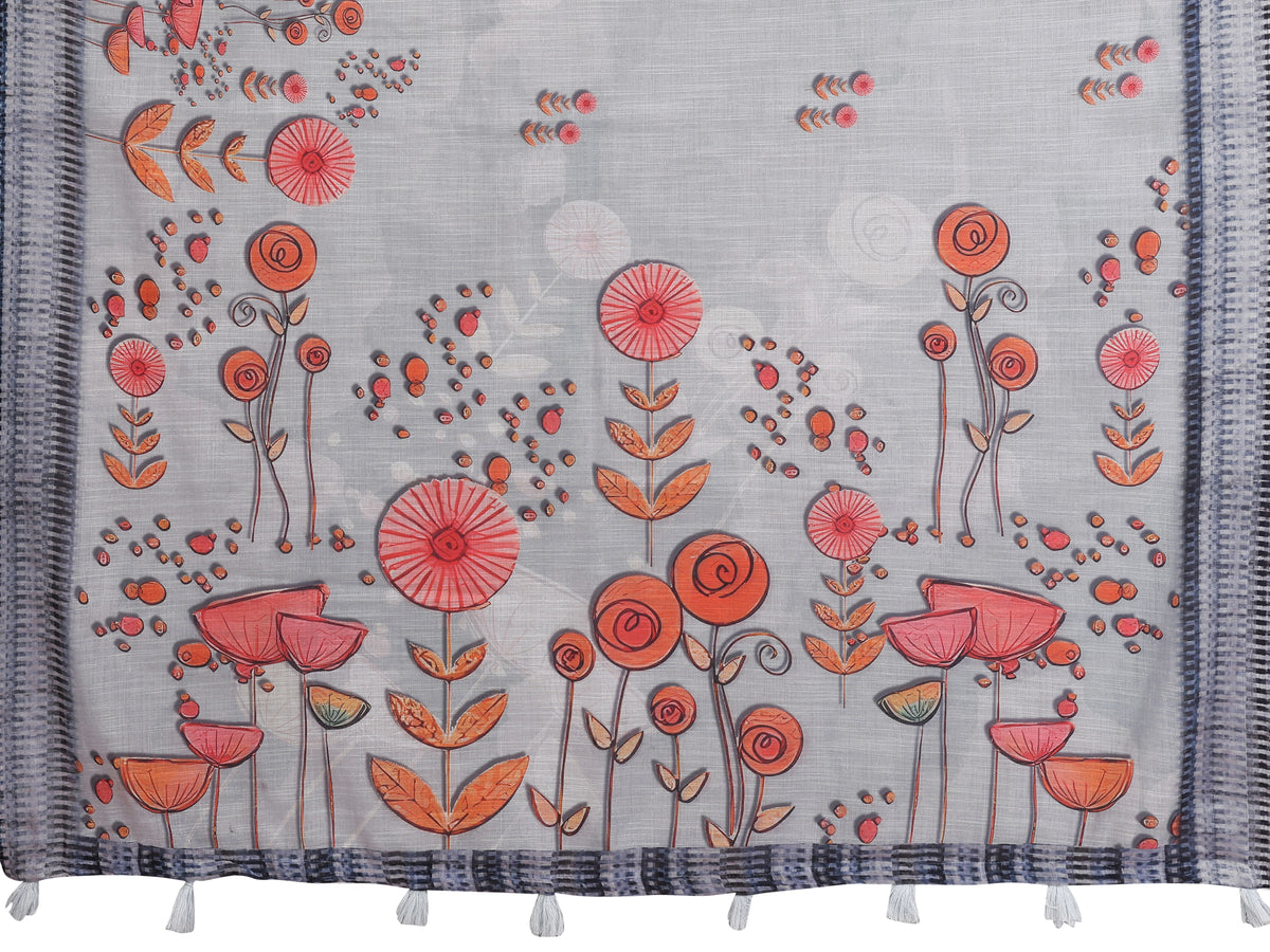 Light Gray Digital Floral Print Saree – Linen Cotton, Folk Print, Navy Border