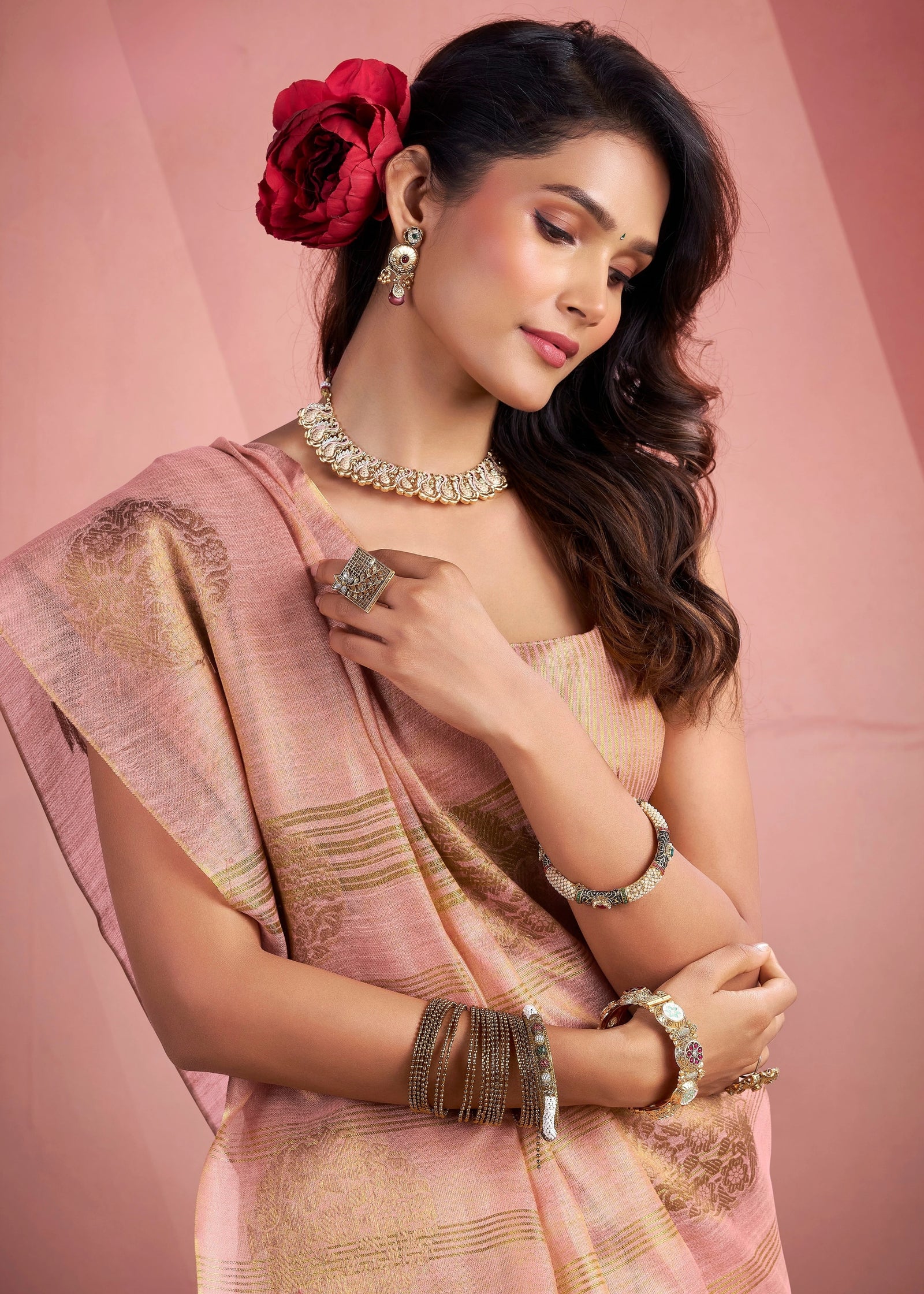soft pink tissue fancy weaving silk sare - kalyanja