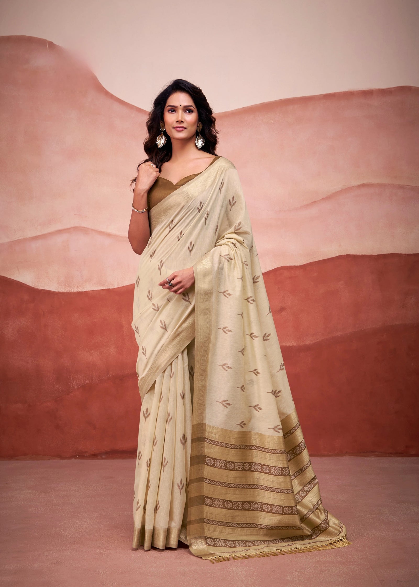 beige zari weaving cotton saree - kalyanja