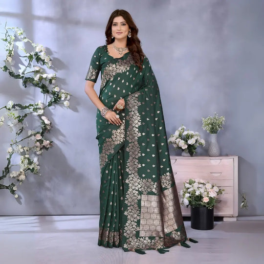 Dark Green Banarasi Silk Gala Weaving Saree