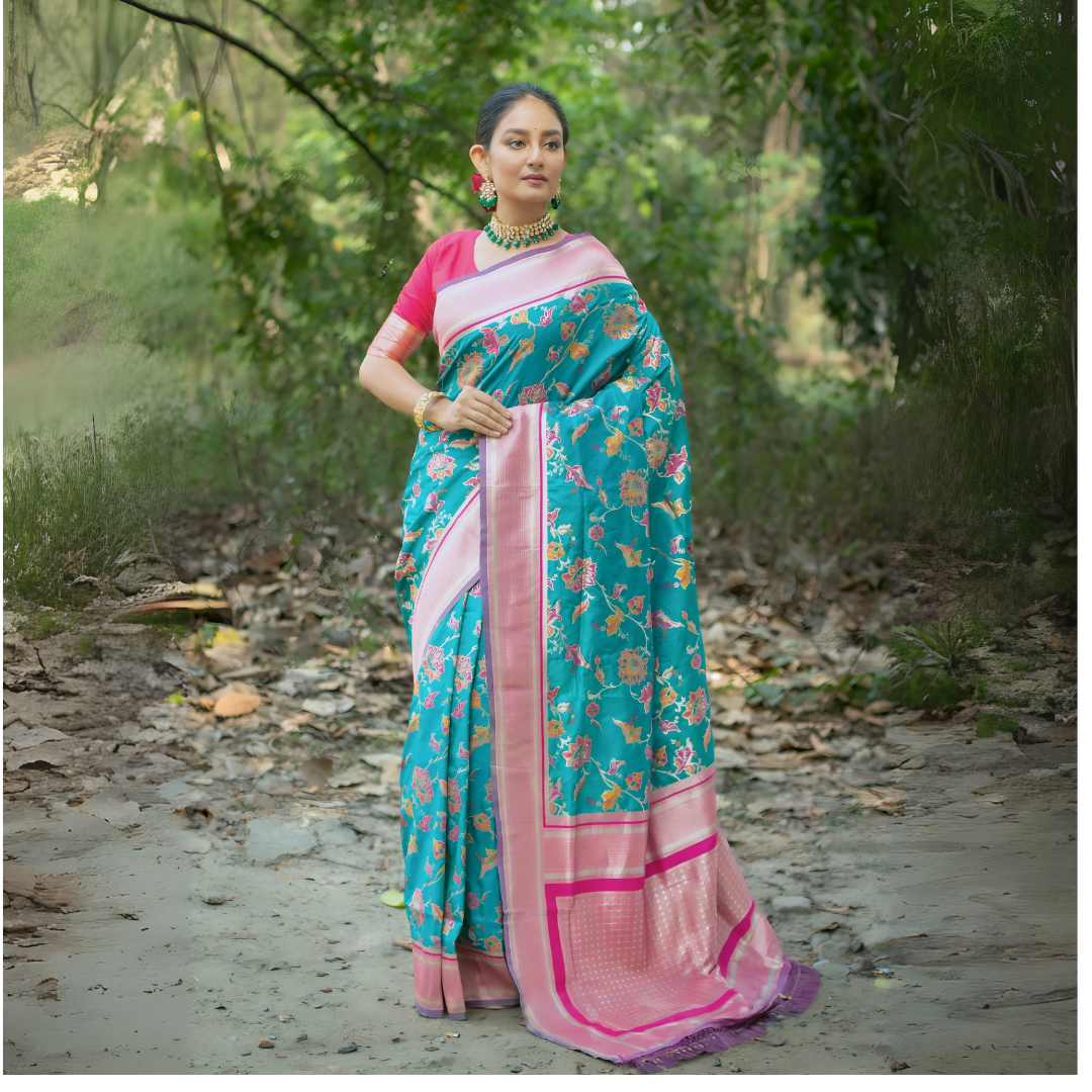 Rama Blue Soft Banarasi Silk Zari Weaving Saree