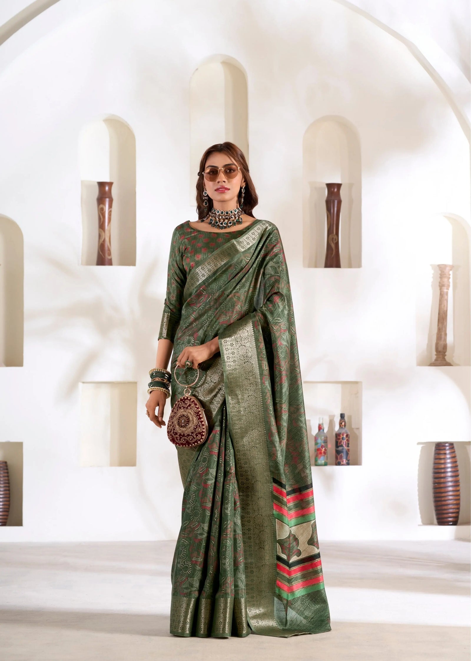 Dark Green Foli Print Soft Dola Silk Saree