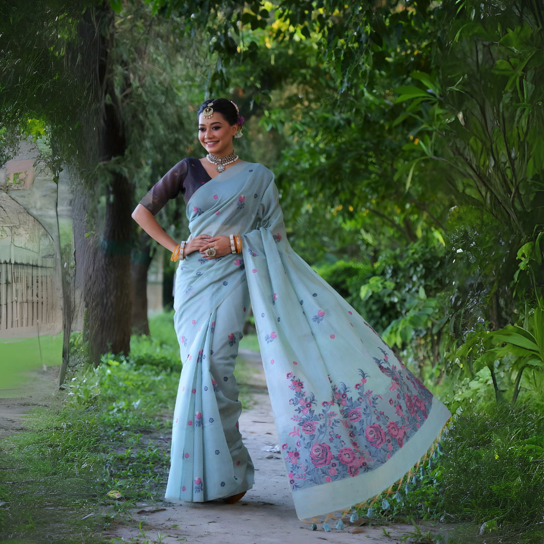 Blue Floral with Resham Weaving Soft Muga Cotton Saree Isha Fashion