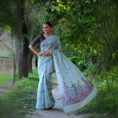 Blue Floral with Resham Weaving Soft Muga Cotton Saree Isha Fashion