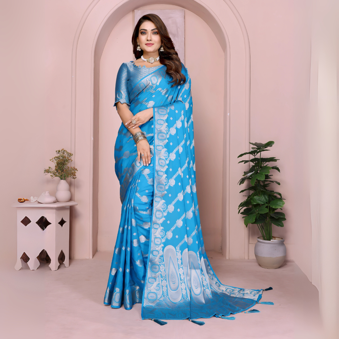 Blue Zari Weaving Soft Georgette Banarasi Silk Saree