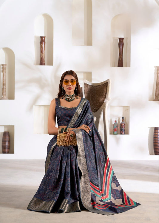 Blue Foli Print Soft Dola Silk Saree