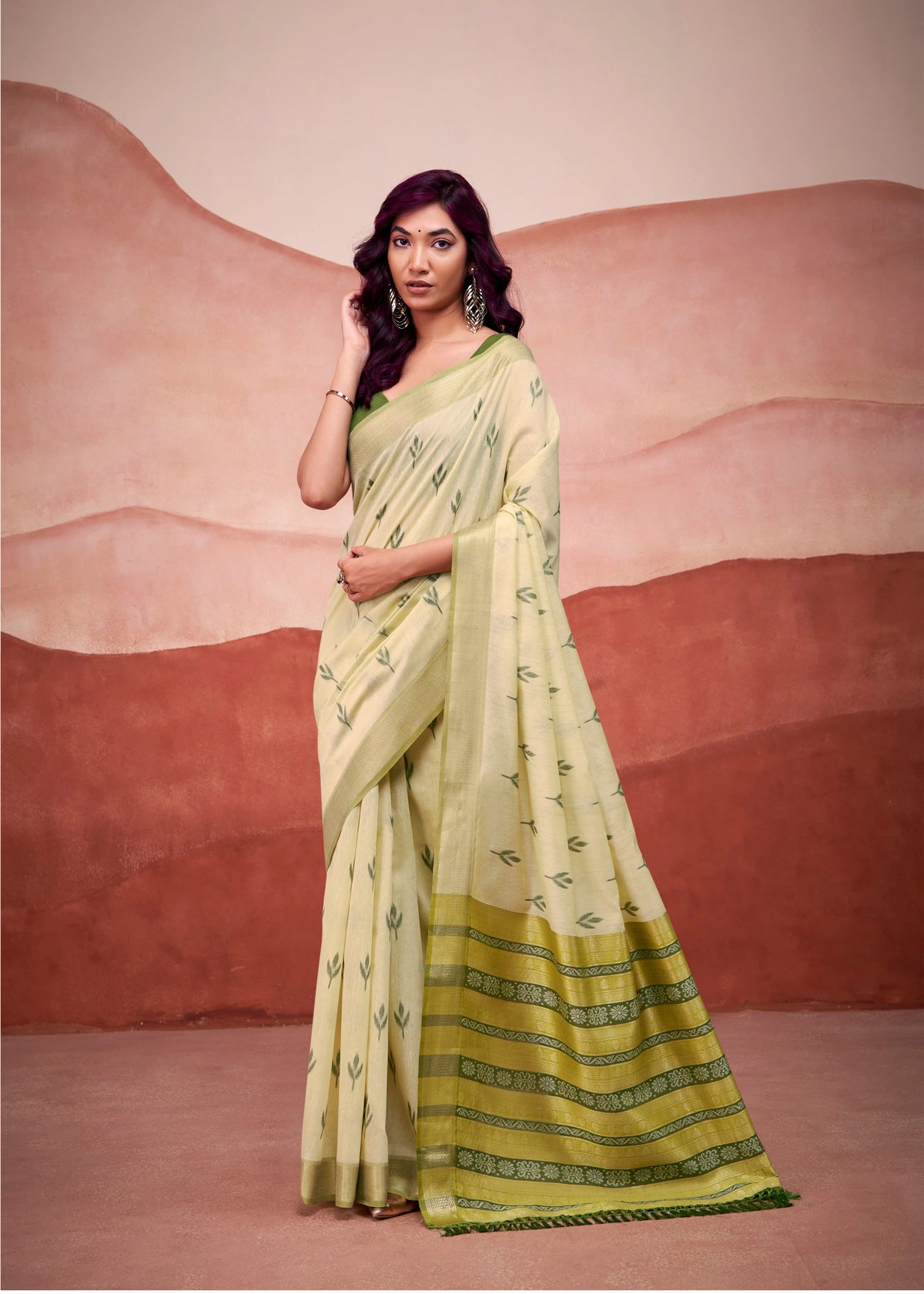 Light Pista Zari Weaving Cotton Saree