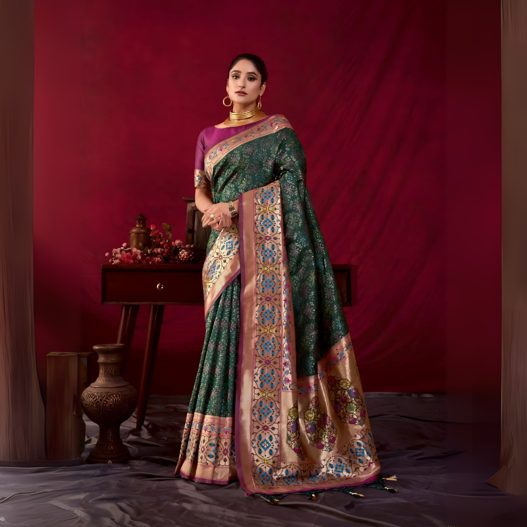 A woman models a luxurious Dark Green Soft Banarasi Silk Saree. The saree features dense, multi-colored Zari weaving across the body. The wide border and pallu showcase heavy gold Zari work with prominent blue and purple accents. She wears a contrasting purple blouse and a heavy gold Kundan choker necklace, posing indoors.