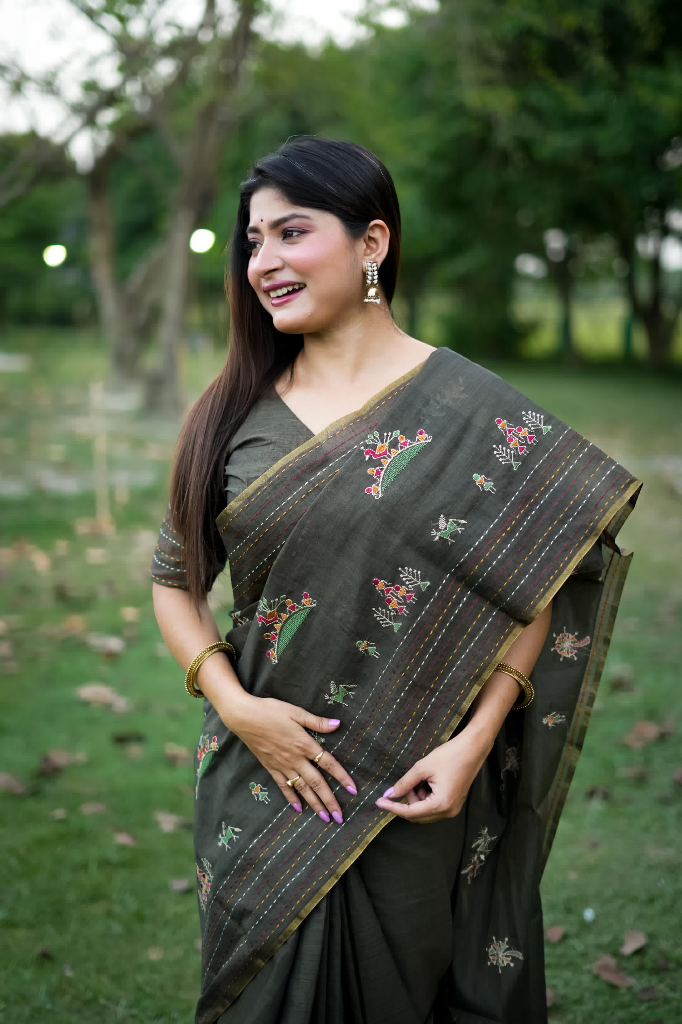 Black Thread Work Khadi Tusar Silk Saree