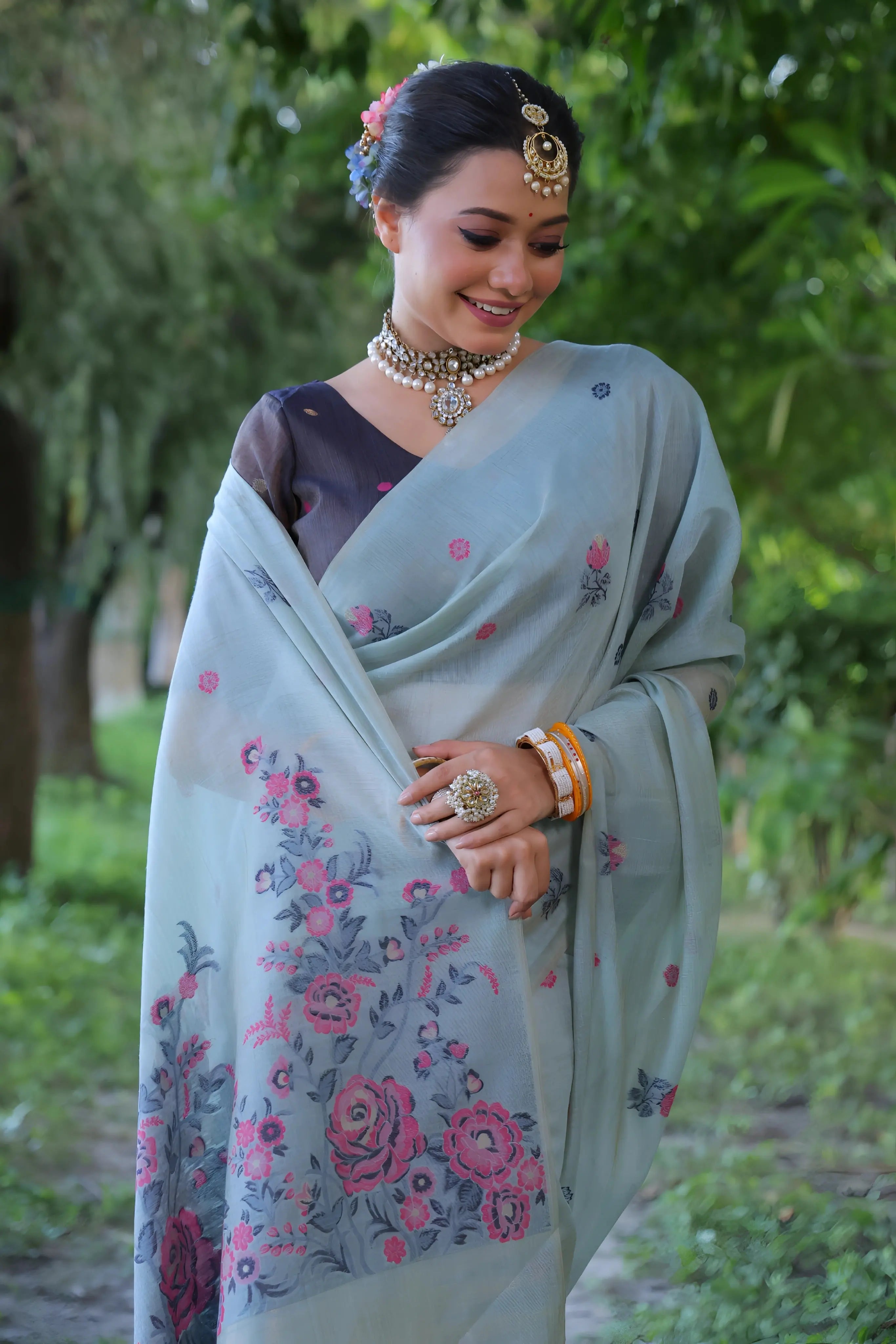 Blue Floral with Resham Weaving Soft Muga Cotton Saree Isha Fashion
