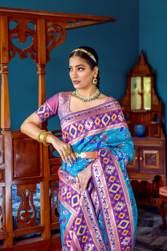 Sky Blue & Dark Pink Zari Weaving Soft Banarasi Silk Saree