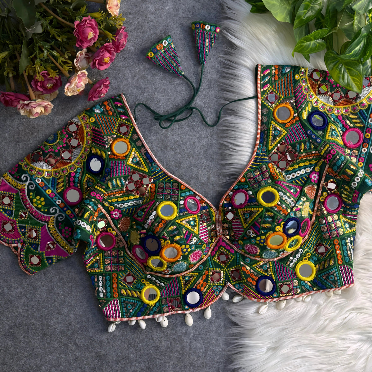 Dark Green Mirror Work Italian Silk Blouse RK Blouse