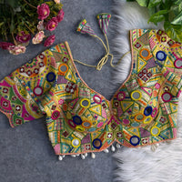 Light Yellow Mirror Work Italian Silk Blouse
