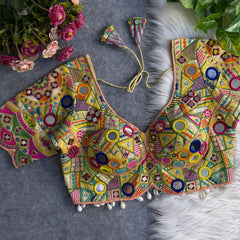 Light Yellow Mirror Work Italian Silk Blouse RK Blouse