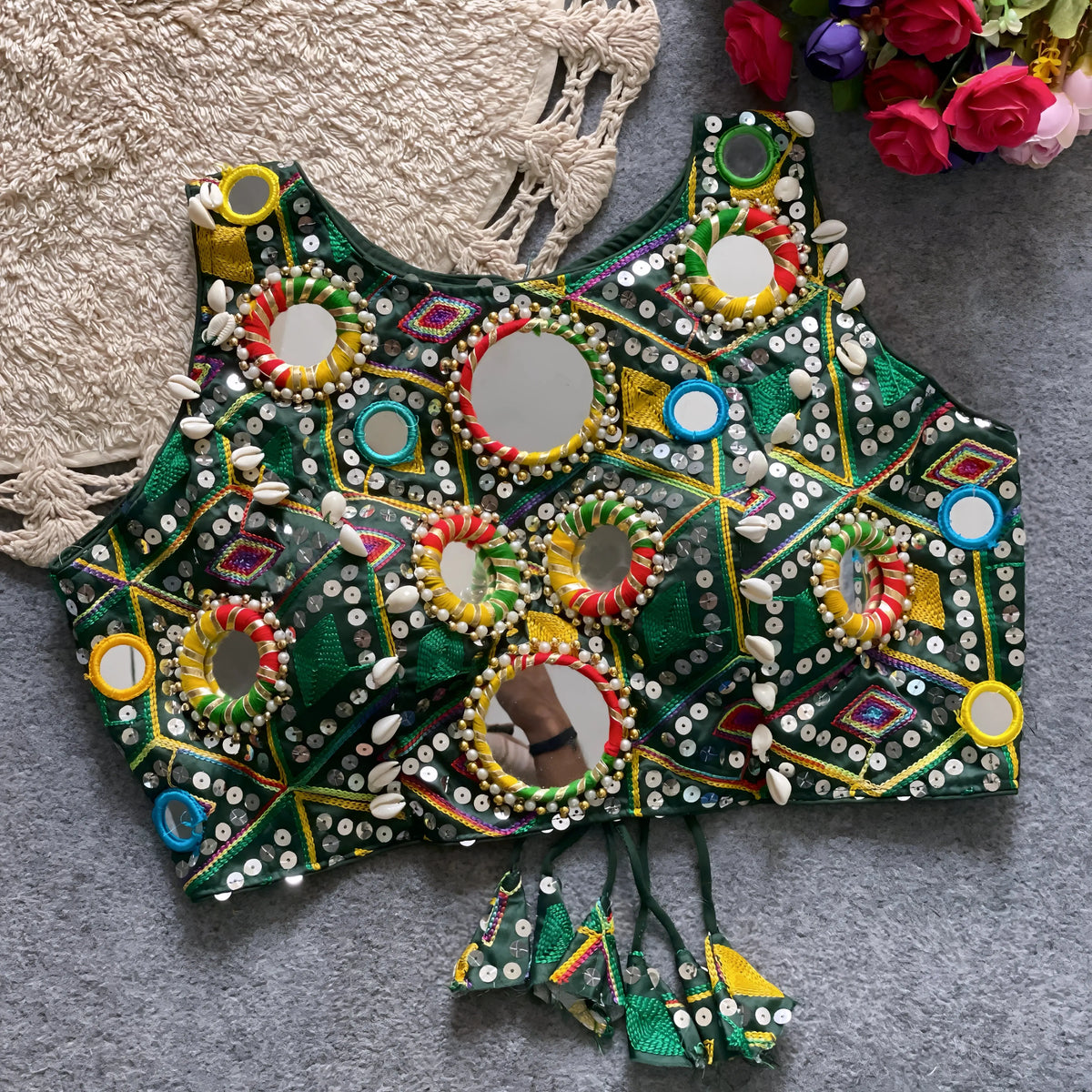 Dark Green Embroidery with Mirror Work Soft Silk Blouse Ruhi Fashion