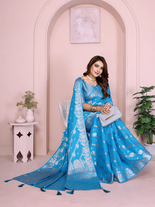 Blue Zari Weaving Soft Georgette Banarasi Silk Saree