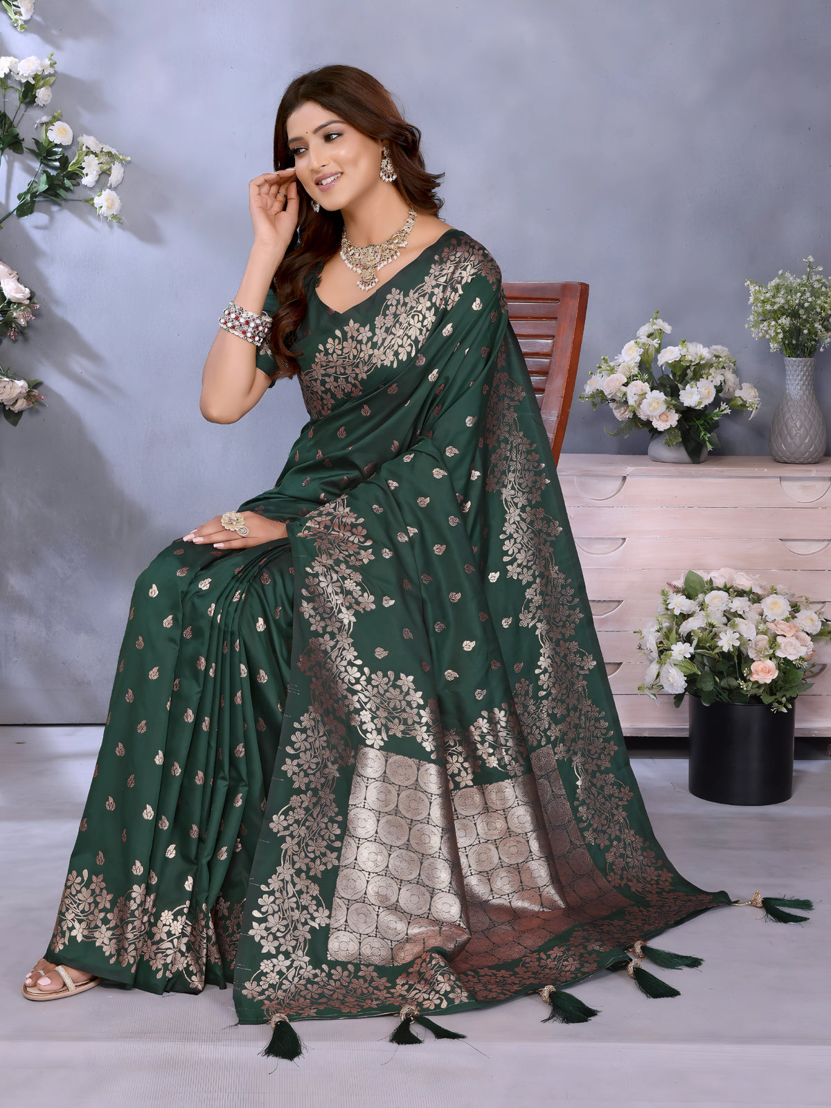 Dark Green Banarasi Silk Gala Weaving Saree