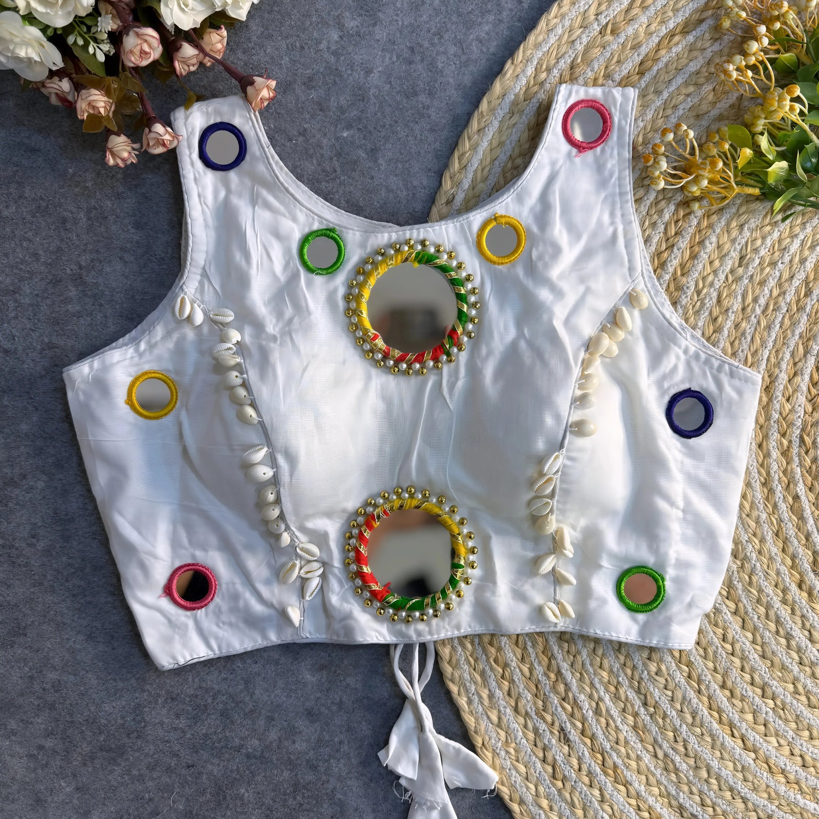 White Mirror Work Cotton Blouse RK Blouse
