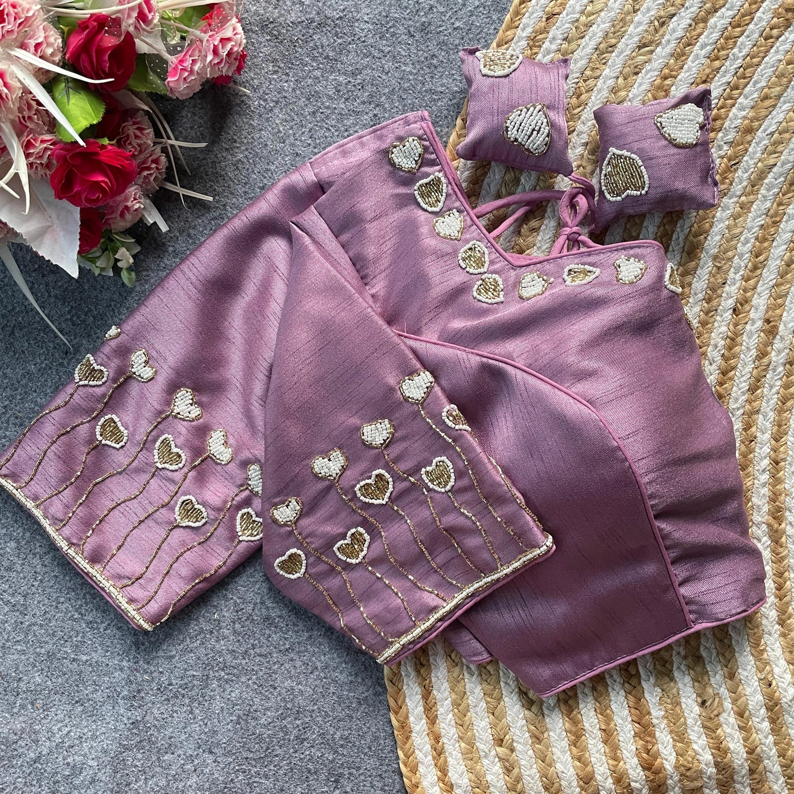 lavender handwork embroidered pure silk blouse
