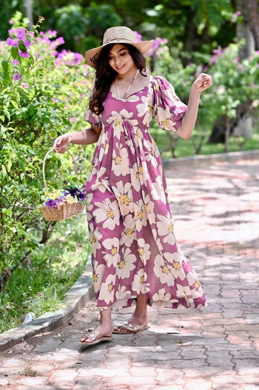 lavender pink digital printed rayon gown