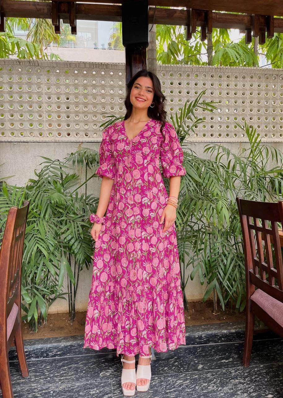 Dark Pink Rayon Digital Printed Gown